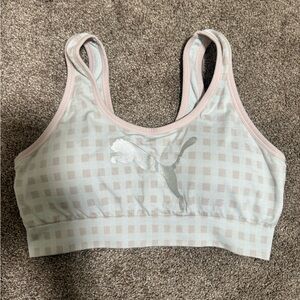 Puma Gingham Sports Bra - White/Soft Pink with silver logo SIZE M